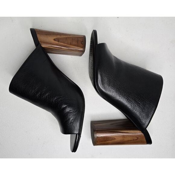 TORY BURCH Black Leather Raya Heels Mules Wooden Heel Peep Toe sz 8.5 - Picture 5 of 10